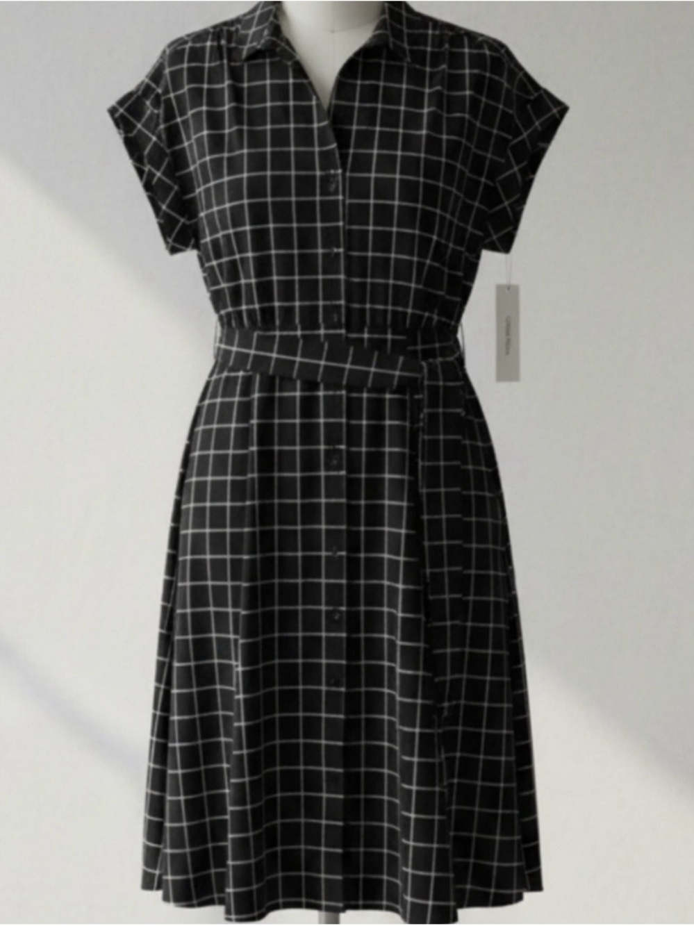Calvin Klein Black and White Windowpane Midi Shirt Dress M/L